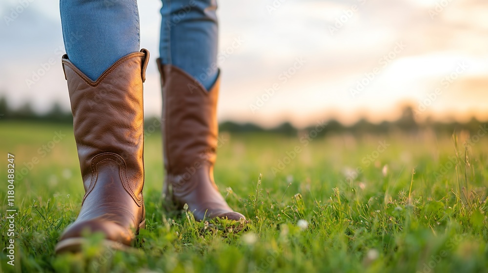 Close up of leather cowboy boots on grass during sunset Close up of leather cowboy boots on grass during sunset