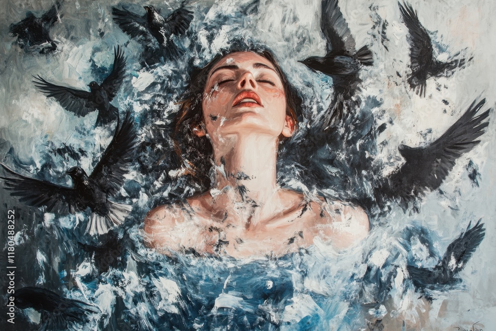 Fototapeta premium Woman Submerged Enveloped by Birds in Flight