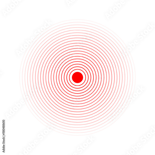Pain localization icon. Red concentric circles. Ache, sore or inflammation symbol. Pulse, radiation or vibration sign. Coverage or damage, radio signal or sonar wave pictogram. Vector illustration.