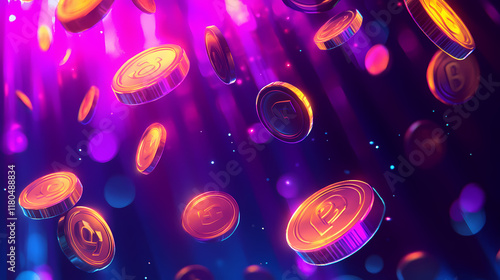 Neon glowing coins suspended in the air. Nightglow. Illustration photo