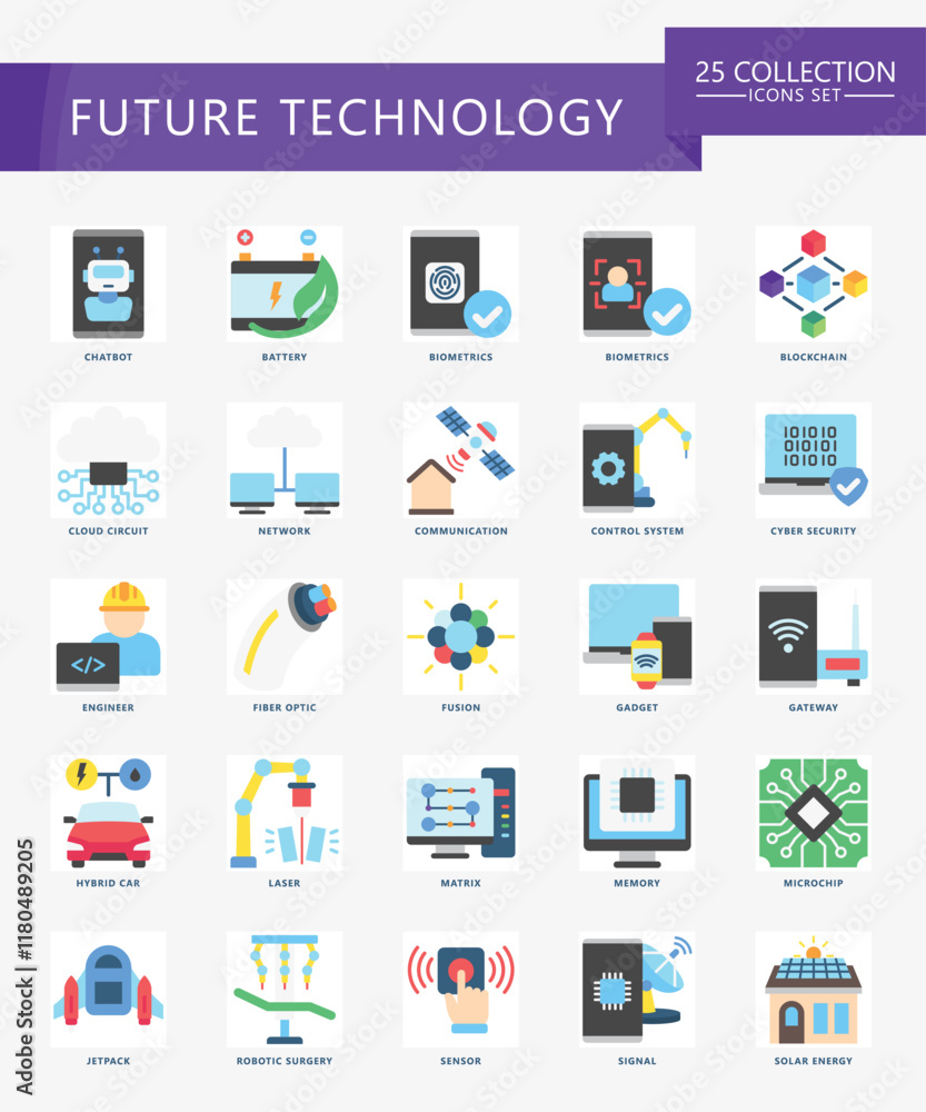 Future Technology flat color icons set. contain bot, blockchain, signal, fiber, cloud, chatbot, chip, server and more. Vector EPS 10 for print, digital UI, UX kit, web, app for technology, education Future Technology flat color icons set. contain bot, blockchain, signal, fiber, cloud, chatbot, chip, server and more. Vector EPS 10 for print, digital UI, UX kit, web, app for technology, education