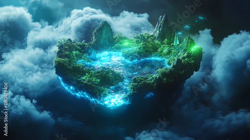 Photo of fantasy map-making day celebrated on february conceptual image of a magical 3d holographic map of a fictional world floating in the air, glowing neon blue and green. Nightglow. Illustration