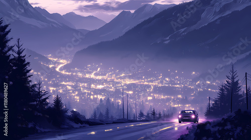 Purple car drifts in mountain pass city lights shimmer below misty air glowing. Nightglow. Illustration