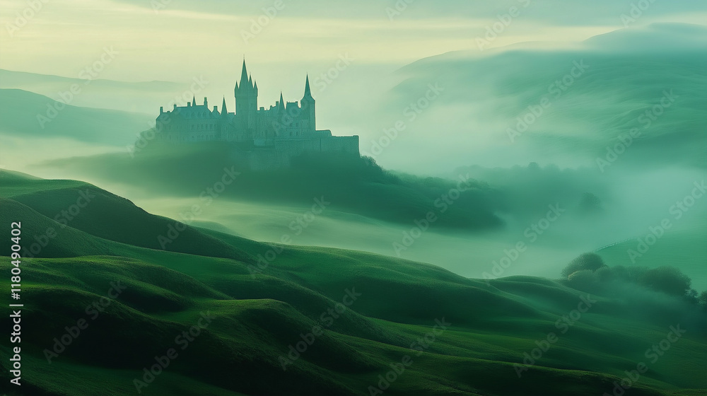 Fototapeta premium Dreamlike landscape with a castle atop misty, lush valleys.