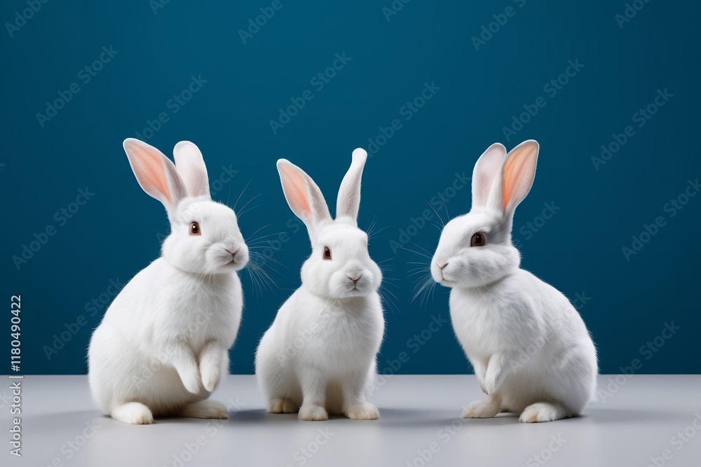 Obraz premium three white rabbits sitting on a table with a blue background