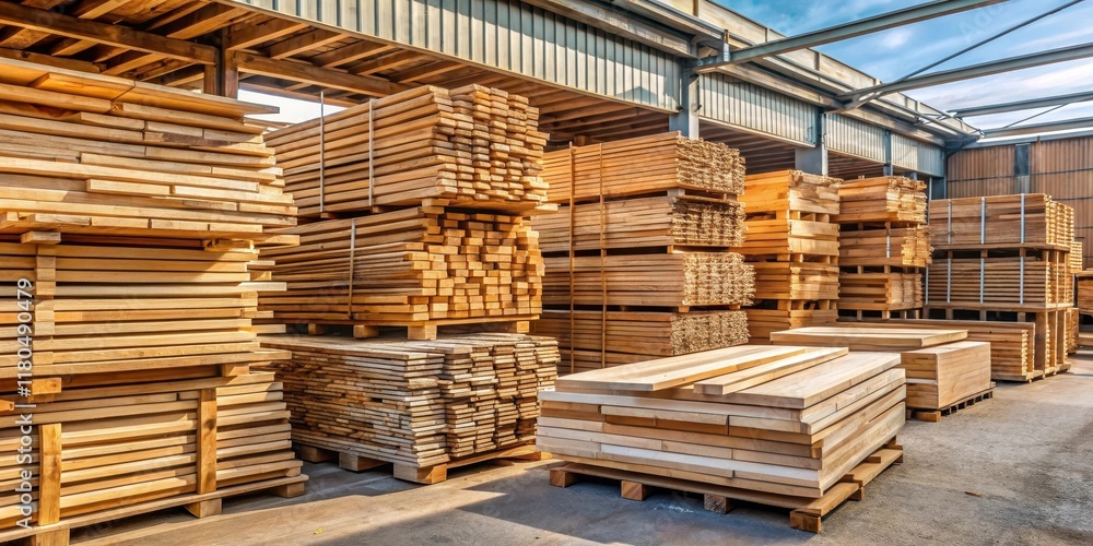 A tall stack of wooden building lumber with different types of wood and sizes , wood pile A tall stack of wooden building lumber with different types of wood and sizes , wood pile