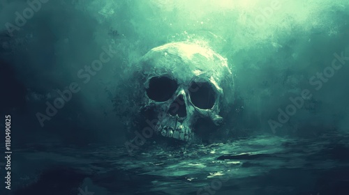 A Submerged Skull in Eerie Green Waters