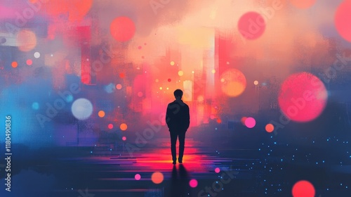 A solitary figure walks towards a vibrant city lightscape