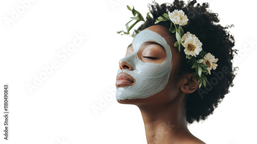 Relaxation concept featuring a woman with a facial mask and serene atmosphere isolated on white background photo