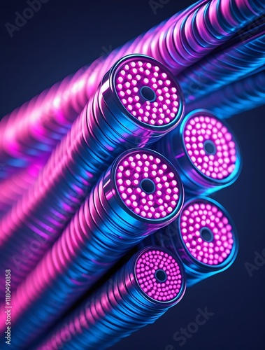 Futuristic glowing neon light tubes with vibrant pink and blue colors showcasing modern technology innovation and sleek design perfect for sci-fi themes gaming aesthetics and advanced lighting concept