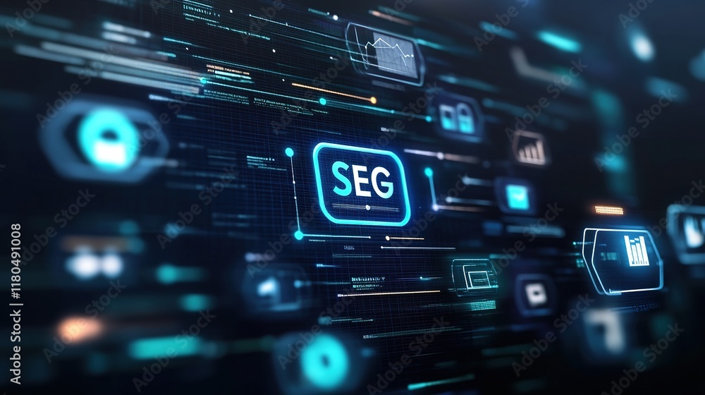 Fototapeta premium Abstract digital display with SEG text, futuristic interface.