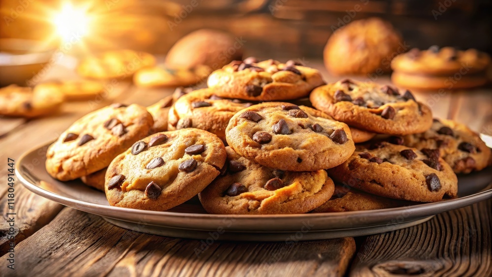 Warm golden light shines down on a plate of freshly baked chocolate chip cookies Warm golden light shines down on a plate of freshly baked chocolate chip cookies