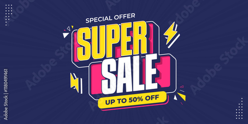 Flash sale promotional banner with bold 3d text, thunder and geometric shapes. Flash sale promo with discount offer for online shopping, special offer, voucher, website, social media advertising