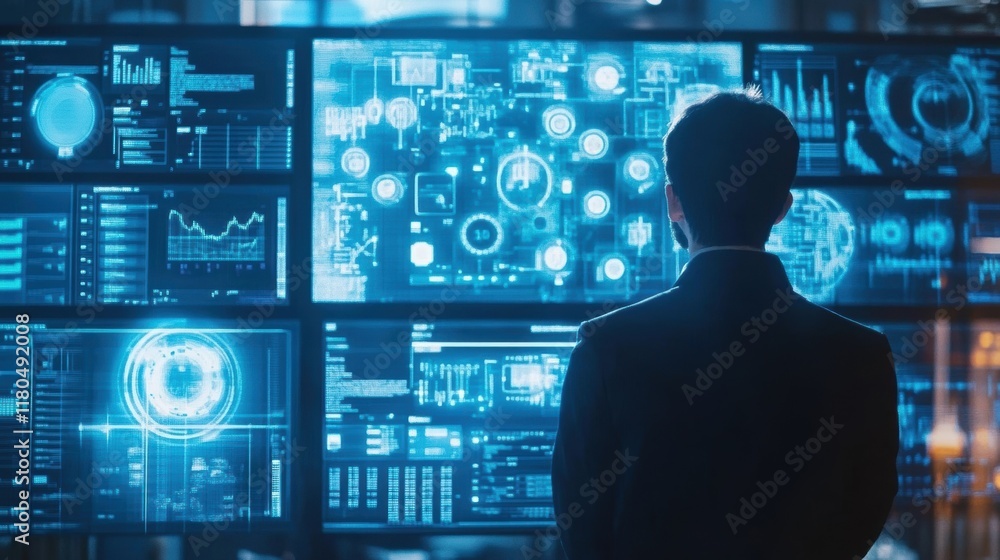Project manager analyzing real time data displayed on several monitors, overseeing manufacturing operations in a high tech control room, ensuring smooth workflow and efficient production management Project manager analyzing real time data displayed on several monitors, overseeing manufacturing operations in a high tech control room, ensuring smooth workflow and efficient production management
