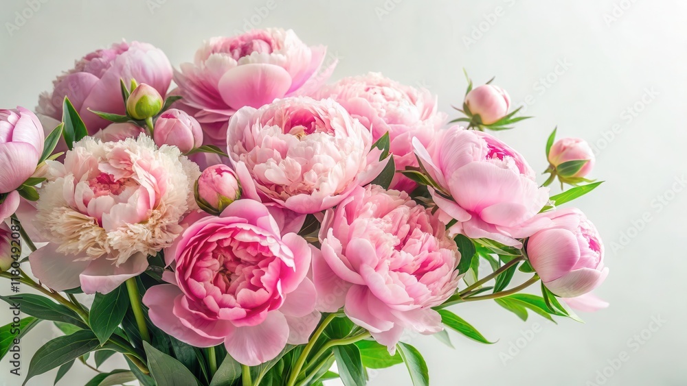 Soft pink peony flowers arranged in a loose bouquet with greenery and stems against a white background, spring colors, soft petals Soft pink peony flowers arranged in a loose bouquet with greenery and stems against a white background, spring colors, soft petals