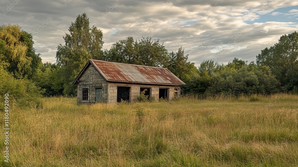 Rustic Abandoned Farmhouse in a Serene Field Rustic Abandoned Farmhouse in a Serene Field