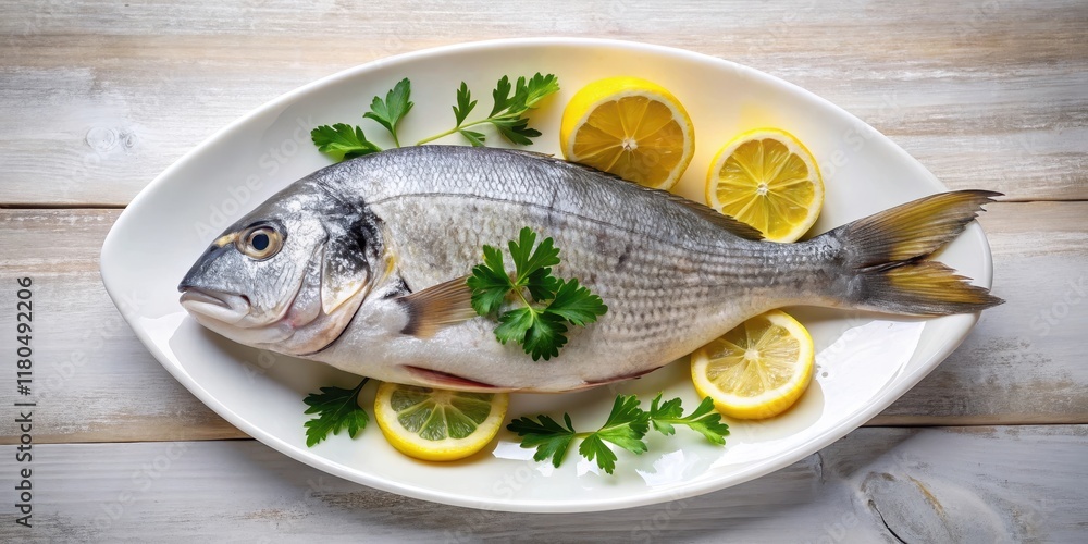 Fresh uncooked dorado fish on a white plate, garnished with lemon slices and parsley, fresh fish, citrus Fresh uncooked dorado fish on a white plate, garnished with lemon slices and parsley, fresh fish, citrus