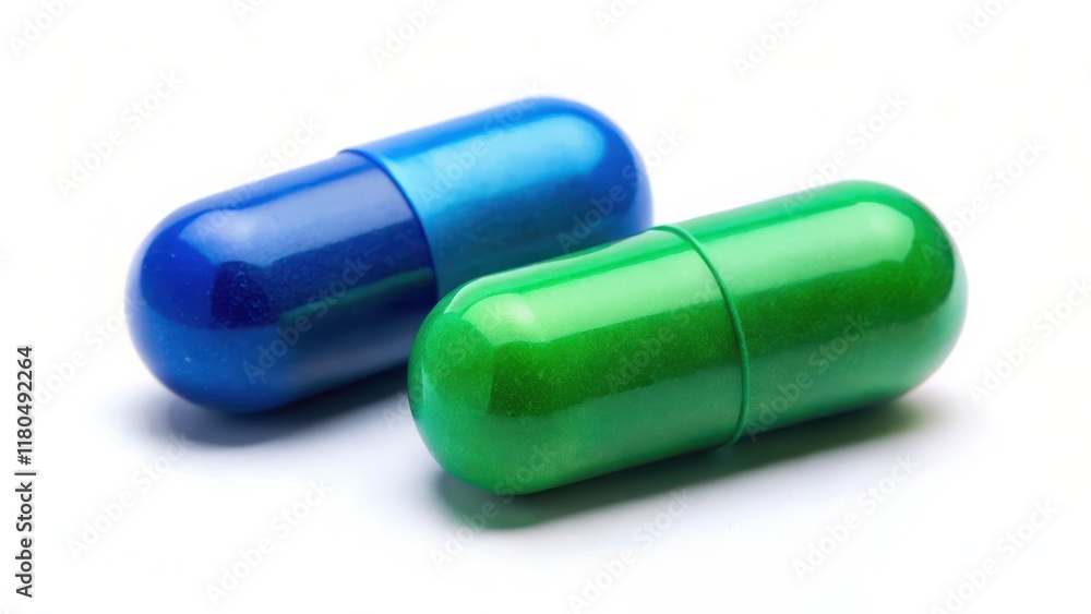 A blue pill with a green pill on a white background, capsules, yellow, capsules,yellow,green A blue pill with a green pill on a white background, capsules, yellow, capsules,yellow,green