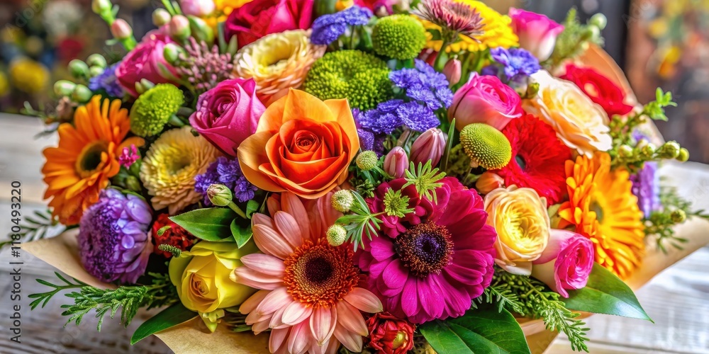 Vibrant mix of colorful flowers in a lush bouquet with delicate petals and soft textures surrounding a few green stems , flowers, composition Vibrant mix of colorful flowers in a lush bouquet with delicate petals and soft textures surrounding a few green stems , flowers, composition