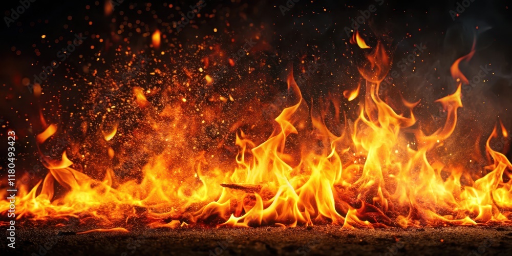 Burning flames engulfing a dark background with warm orange hues and flickering embers Burning flames engulfing a dark background with warm orange hues and flickering embers