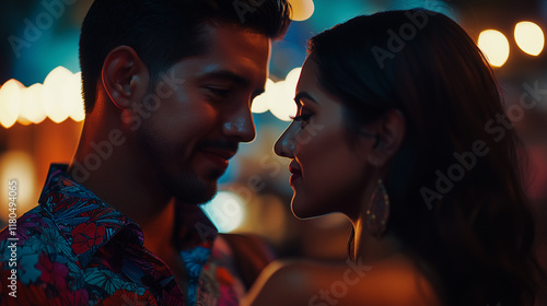 Romantic Latino Couple in City Lights During New Valentine's Day, Love and Affection, Night Scene, Ai Generated Images photo