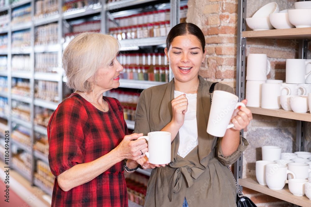 Two women choose mugs or cups together in a pottery and ceramics shop Two women choose mugs or cups together in a pottery and ceramics shop