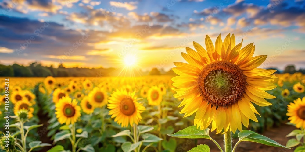 Bright yellow sunflower fields stretching towards a sunny sky with blurred greenery and soft, warm light filtering through the landscape, harvest, sunflowers Bright yellow sunflower fields stretching towards a sunny sky with blurred greenery and soft, warm light filtering through the landscape, harvest, sunflowers