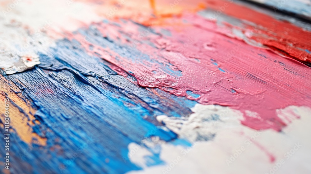 Naklejka premium Close-up of a textured canvas with bold strokes of blue, pink, and white paint creating an expressive and vibrant modern art piece.