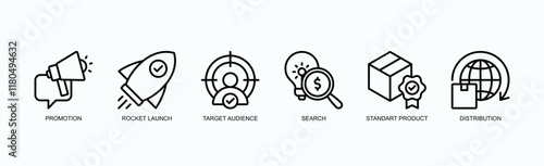 Growth And Strategy Icon Set Icon Set Isolated Vector Illustration Concept With Icon Of Promotion, Rocket Launch, Target Audience, Search, Standart Product, Distribution In Outline Style