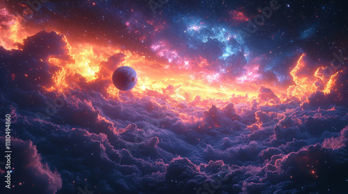 Celestial Planet Above Fiery Cosmic Cloudscape photo