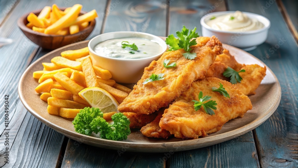 A plate of crispy fish with golden fries and a side of tangy tartar sauce , tasty, fish chips, tasty, fish chips, eat A plate of crispy fish with golden fries and a side of tangy tartar sauce , tasty, fish chips, tasty, fish chips, eat