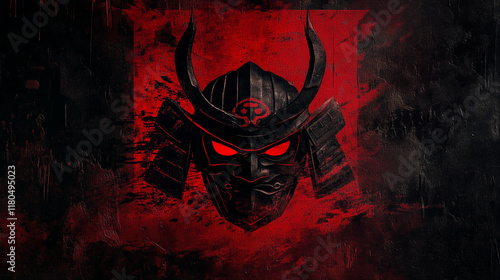 Dramatic Samurai Mask Logo with Dark Red Accents and Textured Background photo