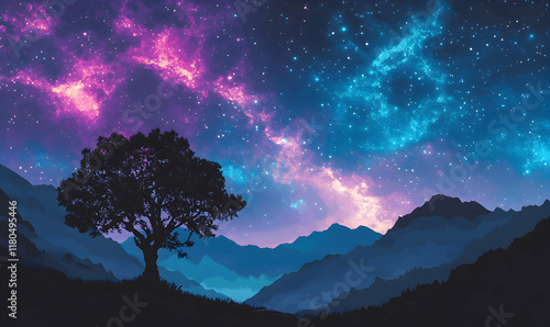 Serene nightscape featuring a lone tree silhouetted against a vibrant, star-filled sky over majestic mountains.  Perfect for peaceful, dreamy themes. photo