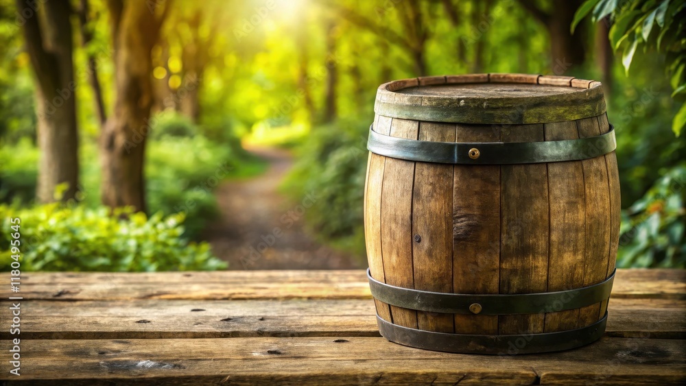 Distressed wooden table with old barrel in a rustic environment, weathered, outdoors, weathered, outdoors, landscape, scenery Distressed wooden table with old barrel in a rustic environment, weathered, outdoors, weathered, outdoors, landscape, scenery