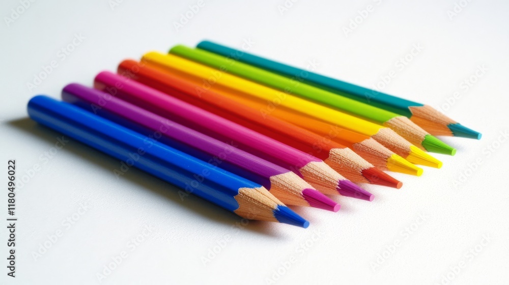 A neat row of colorful pencils lies on a crisp white surface, ready to bring ideas to life with their vibrant and expressive shades. A neat row of colorful pencils lies on a crisp white surface, ready to bring ideas to life with their vibrant and expressive shades.