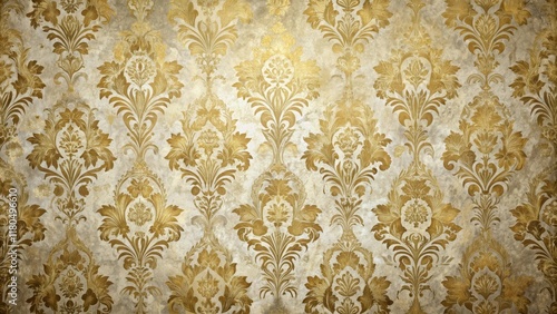 Distressed damask wallpaper with gold accents and floral patterns in a classic design, antique decor, distressed wallpaper photo