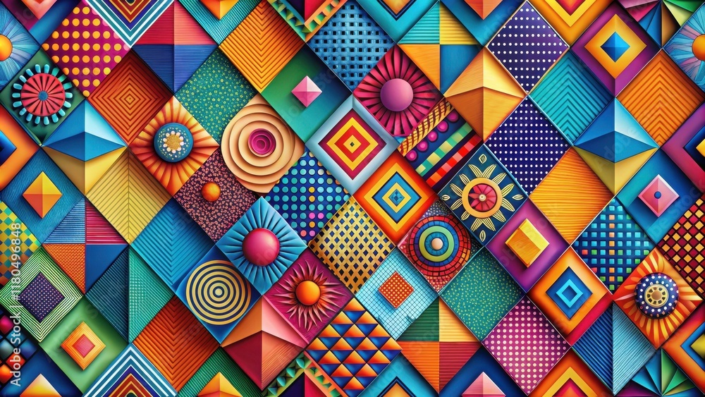Colorful geometric shapes in various hues and patterns arranged on a background, design, art Colorful geometric shapes in various hues and patterns arranged on a background, design, art