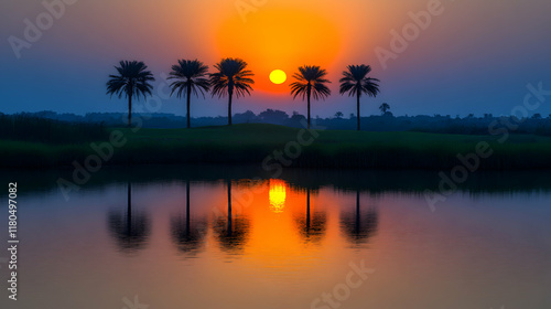 Serene sunset over tranquil water, silhouetted palm trees reflecting in calm lake, vibrant orange and blue hues.