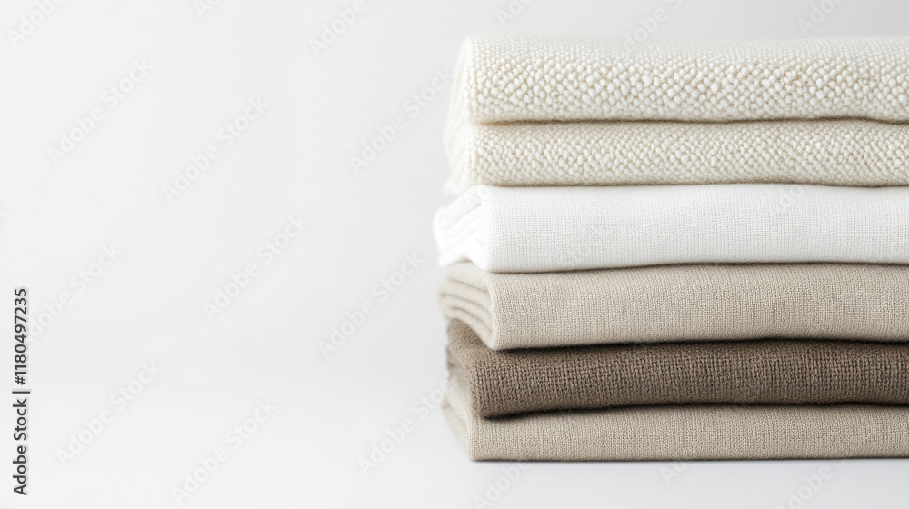 Neatly folded neutral toned fabrics in soft textures create calming aesthetic Neatly folded neutral toned fabrics in soft textures create calming aesthetic