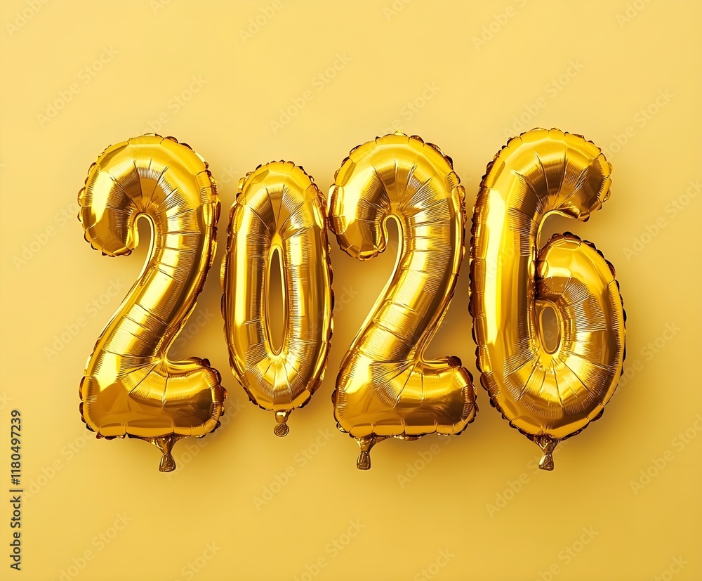 3D gold foil balloons forming the number 2026. 3D gold foil balloons forming the number 2026.