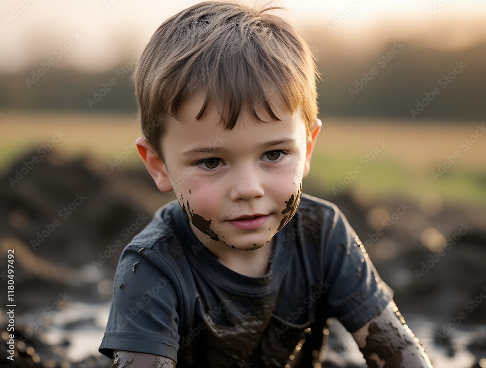 Adventurous playful young boy enjoying muddy outdoor fun highlighting childhood exploration dirt-filled adventures and carefree moments showcasing nature discovery happiness and simple joys of being a