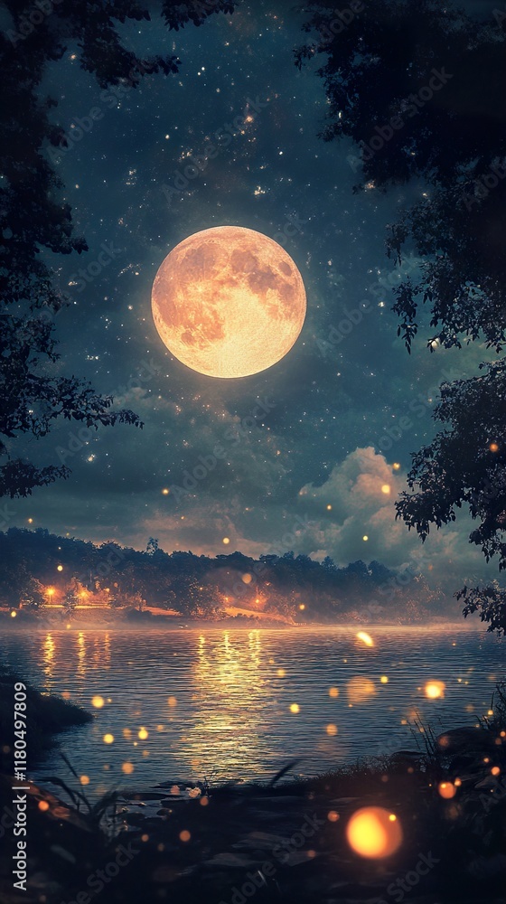 Magical Moonlit Lake: A Serene Night Scene Magical Moonlit Lake: A Serene Night Scene