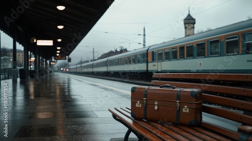 An old-fashioned suitcase sits on a wet bench at a deserted train station on a rainy day, evoking a sense of nostalgia and awaiting journeys.