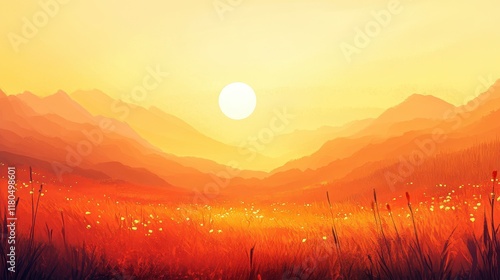 Sunset Over Orange Mountains And Grassland
