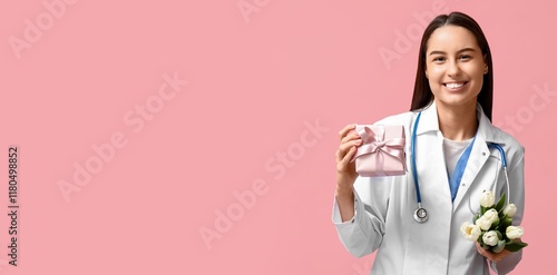 Female doctor holding tulip...