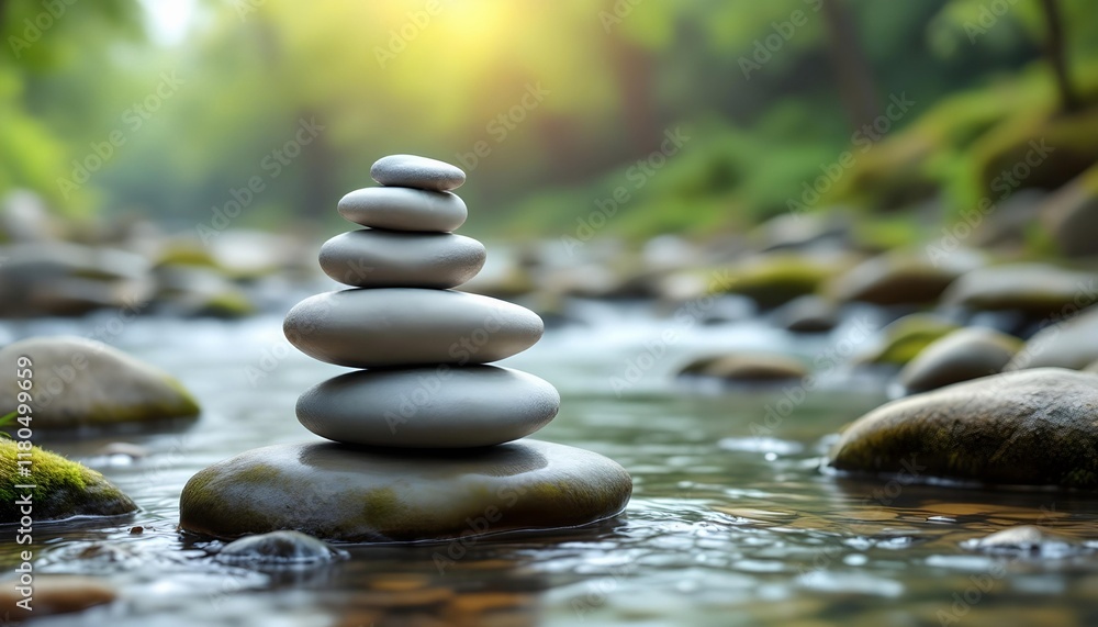 A stack of smooth gray river stones in a shallow stream, with blurred greenery in the background A stack of smooth gray river stones in a shallow stream, with blurred greenery in the background