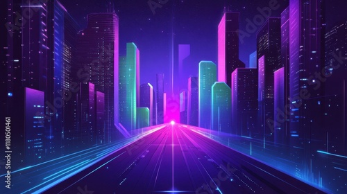 Neon Cityscape Road Leading Towards Futuristic Buildings