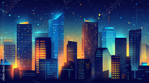 A vibrant cityscape at night featuring illuminated skyscrapers with blue and orange lights, showcasing urban architecture and nightlife. Nightglow. Illustration photo