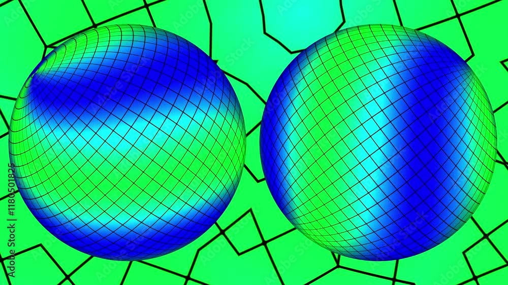 3D animation of 2 balls with green and blue gradations covered in a grid pattern, giving a futuristic and geometric effect

