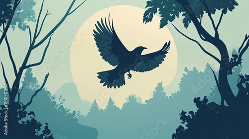 Silhouette of a bird flying over a tranquil forest landscape photo